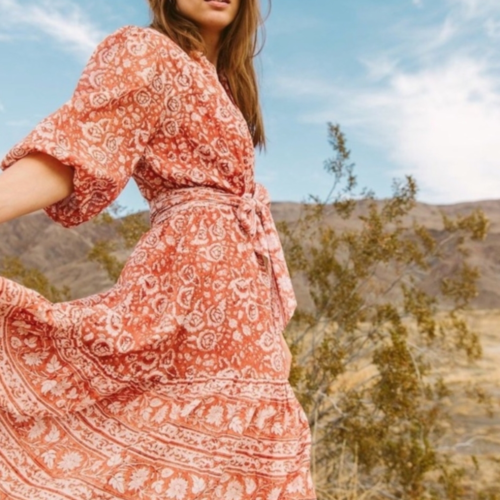 Cleobella Sara Terracotta Boho Floral Organic Cotton Oversized Midi Dress Small
